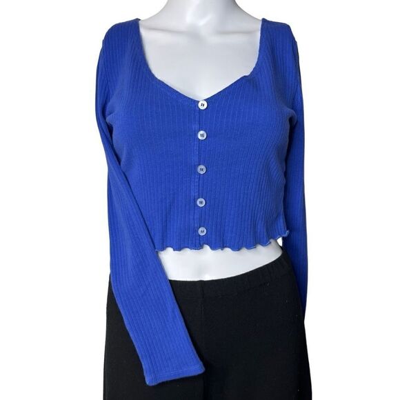 PacSun Lattice Trim Button Down Long Sleeve Top Blue Size Medium - Picture 1 of 5